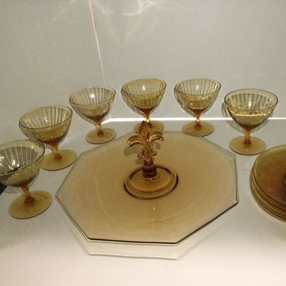Vintage Amber Glass Fleur De Lis Sandwich Tray and Sherbet Saucer Set